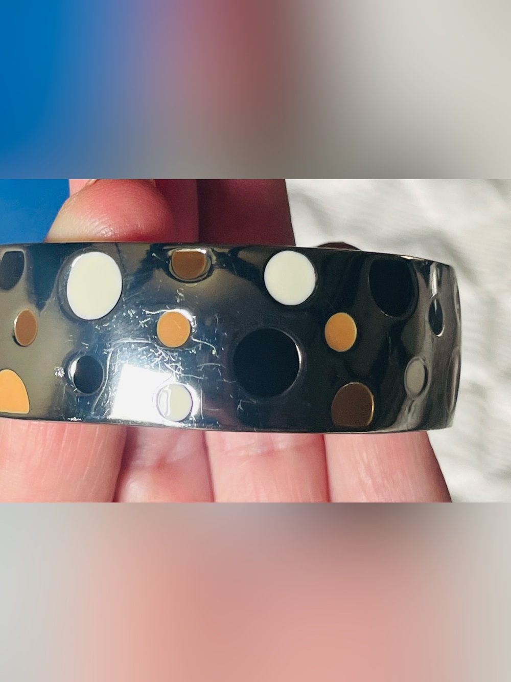 Black Polka Dot Resin Bangle Bracelet with White and Gold Dots - Picture 3 of 3